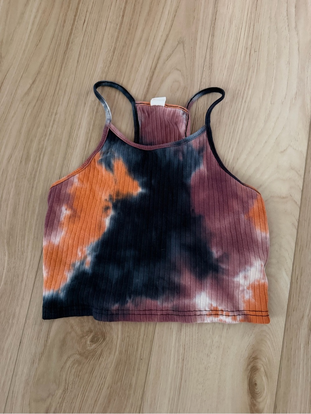 Tie-Dye Ribbed Cropped Tank Top - Orange, Black, Burgundy